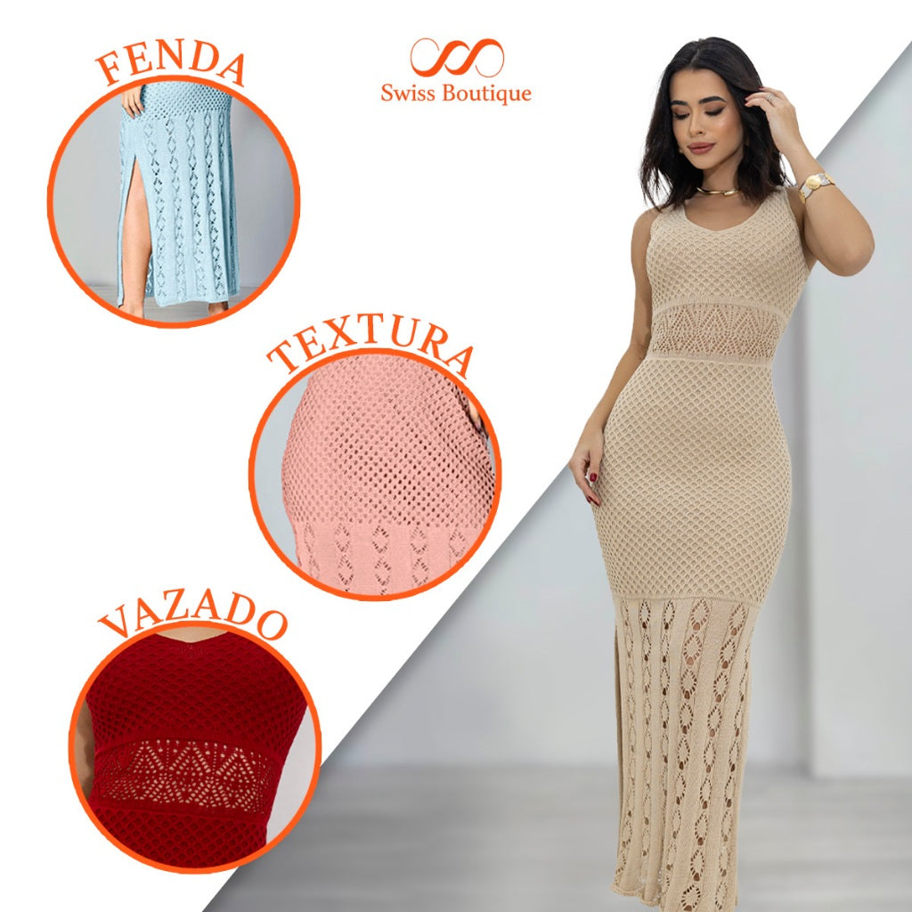 Vestido Longo Feminino Regata Tricot Fenda Lateral