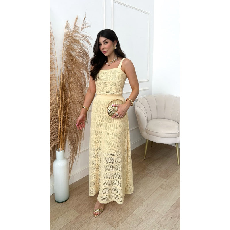 Conjunto Cropped e Saia Longa Feminino Tricot Rendando