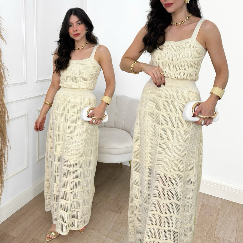 Conjunto Cropped e Saia Longa Feminino Tricot Rendando