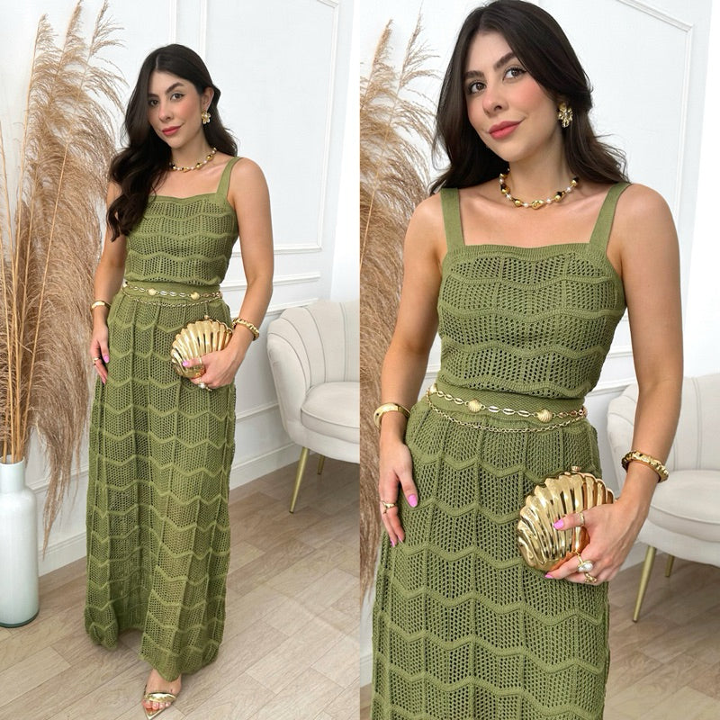 Conjunto Cropped e Saia Longa Feminino Tricot Rendando