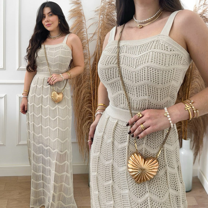 Conjunto Cropped e Saia Longa Feminino Tricot Rendando