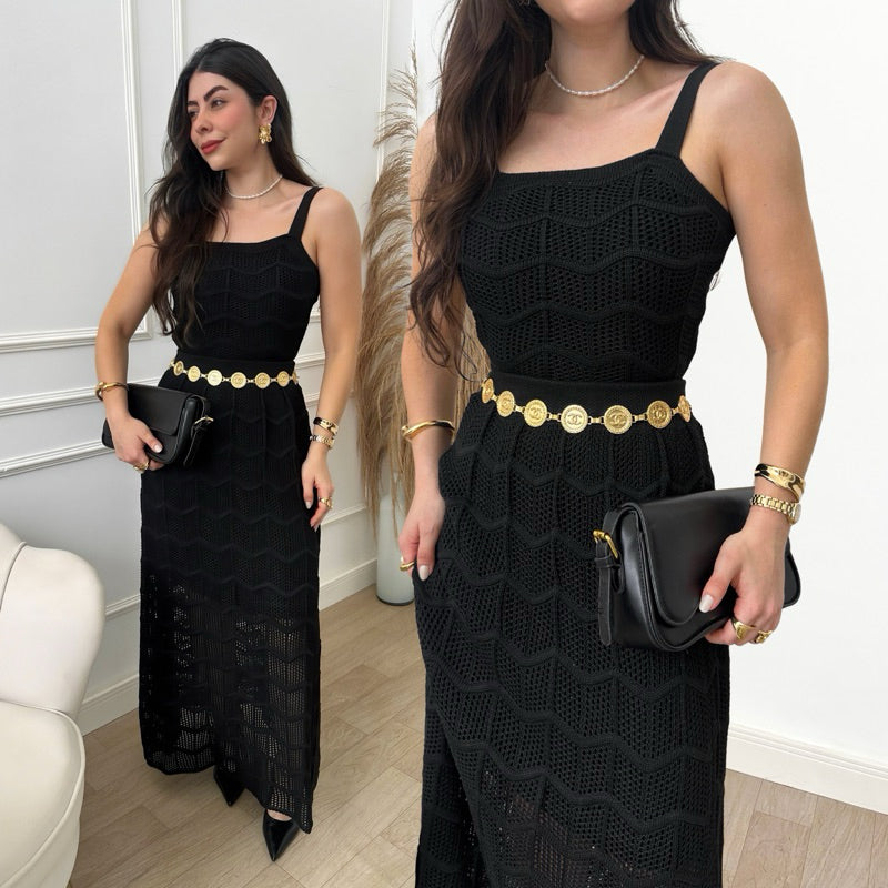 Conjunto Cropped e Saia Longa Feminino Tricot Rendando