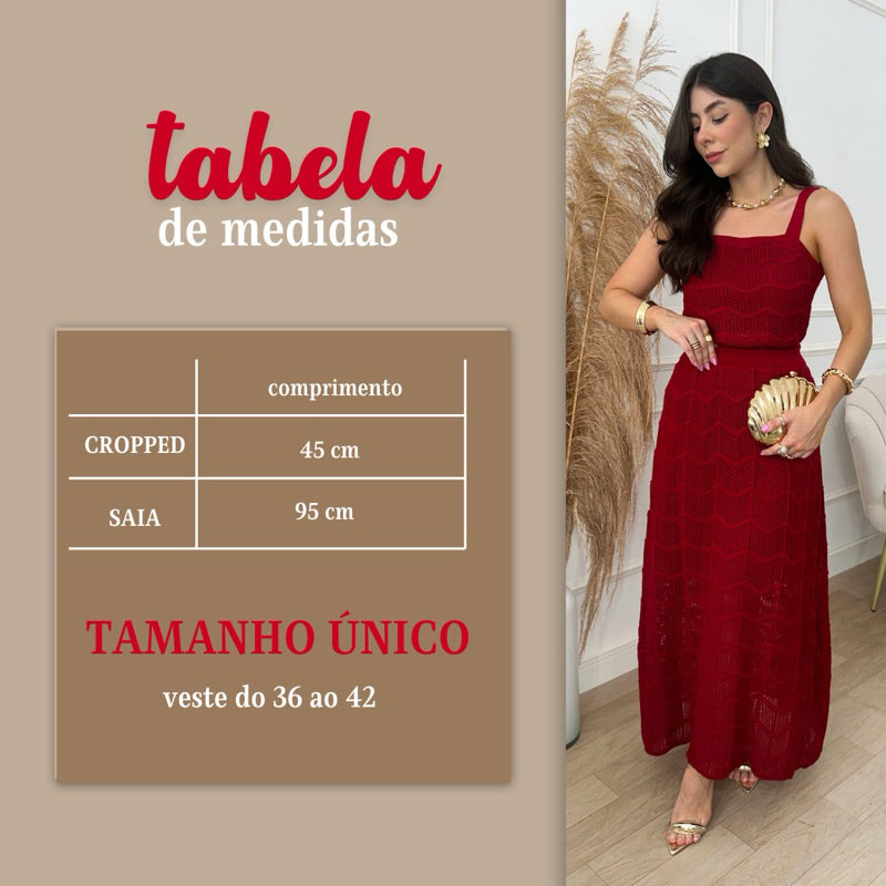 Conjunto Cropped e Saia Longa Feminino Tricot Rendando