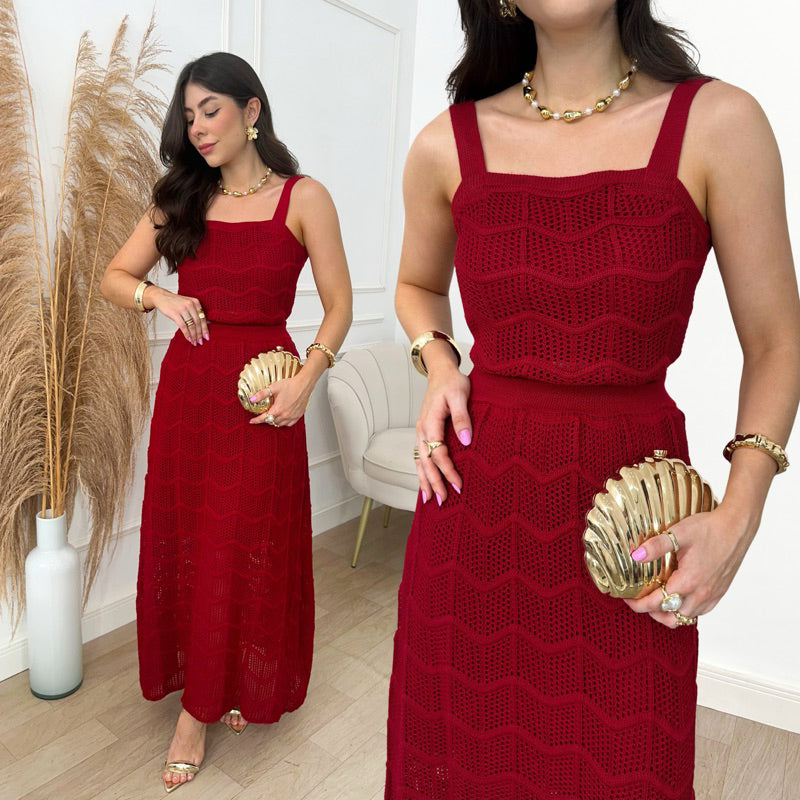 Conjunto Cropped e Saia Longa Feminino Tricot Rendando