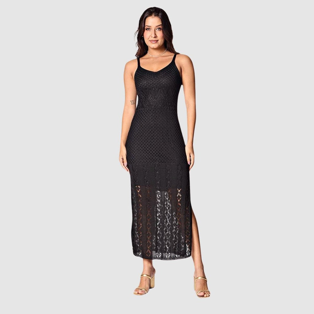 Vestido Longo Feminino Regata Tricot Fenda Lateral
