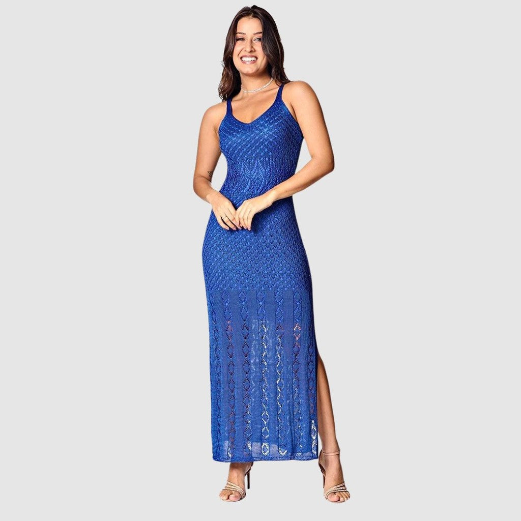 Vestido Longo Feminino Regata Tricot Fenda Lateral