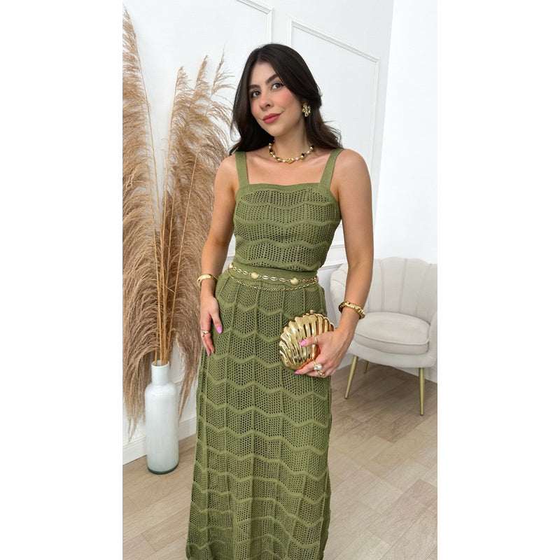 Conjunto Cropped e Saia Longa Feminino Tricot Rendando