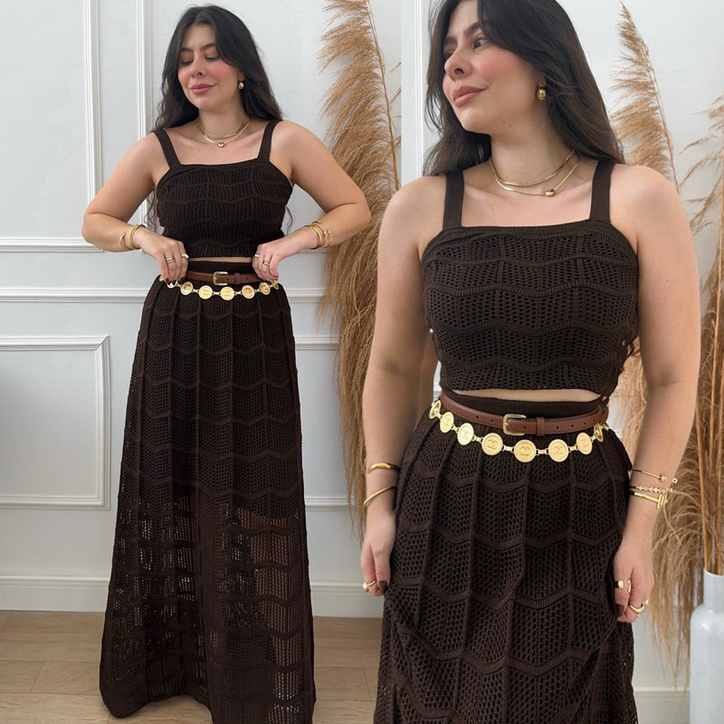 Conjunto Cropped e Saia Longa Feminino Tricot Rendando