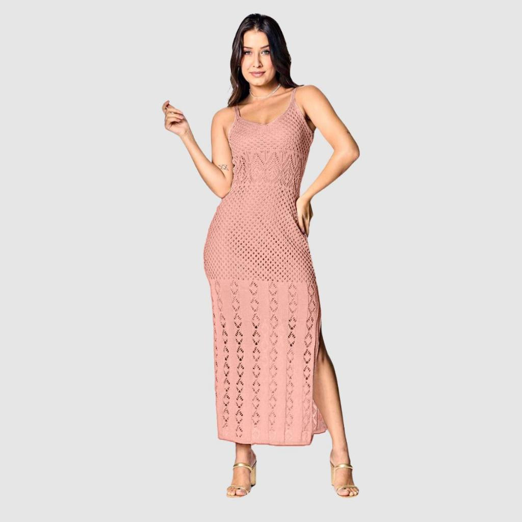 Vestido Longo Feminino Regata Tricot Fenda Lateral