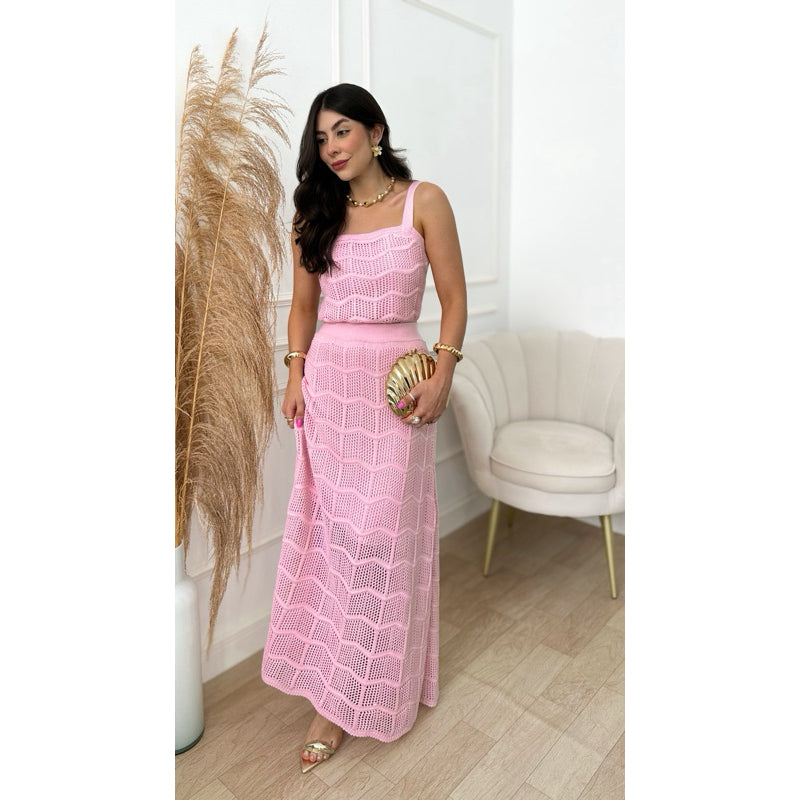 Conjunto Cropped e Saia Longa Feminino Tricot Rendando