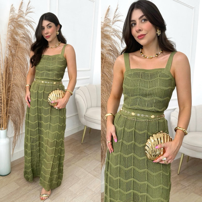 Conjunto Cropped e Saia Longa Feminino Tricot Rendando